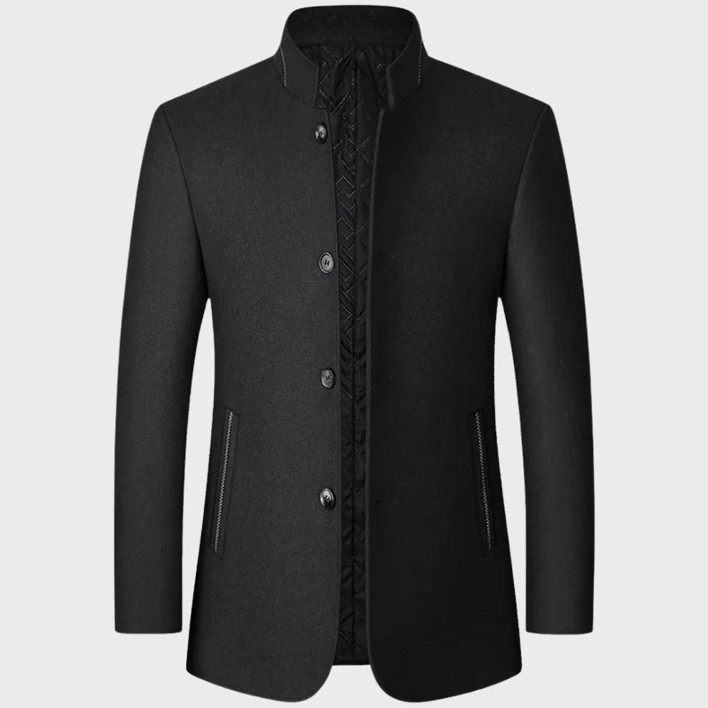 Professional men's stand collar business coat. Tailored fit for smart-casual wear, an essential AW trench jacket.