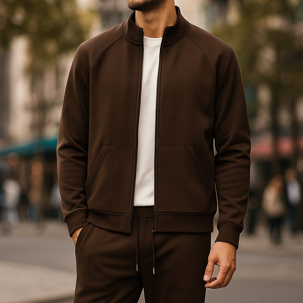 Men's athleisure tailored tracksuit set, ideal for comfortable travel & sporty everyday wear.