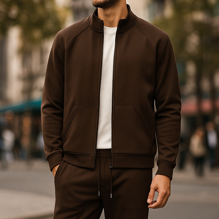 Men's athleisure tailored tracksuit set, ideal for comfortable travel & sporty everyday wear.