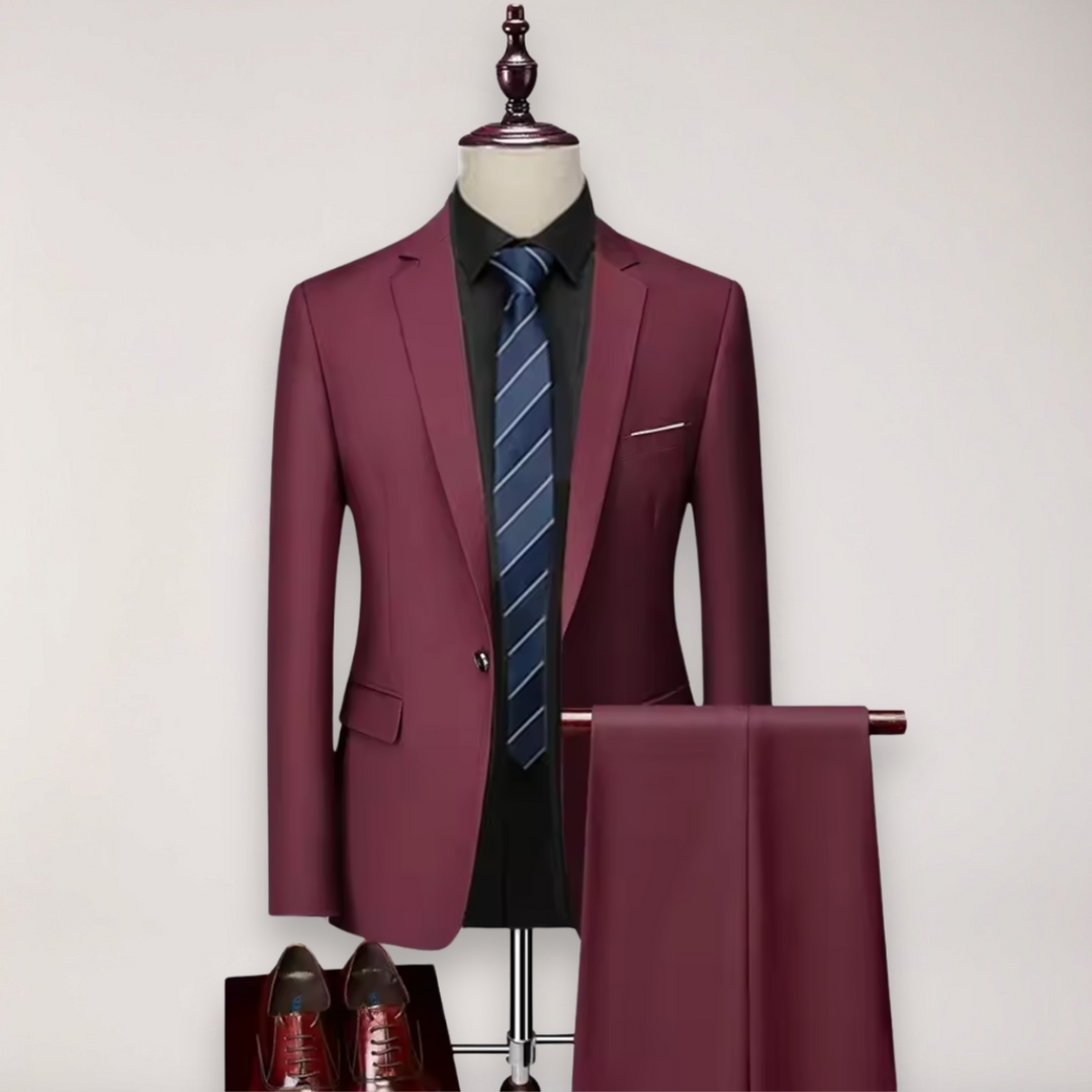 Classic men's tailored blazer & trousers two-piece suit. Essential business, formal, or wedding attire for men.