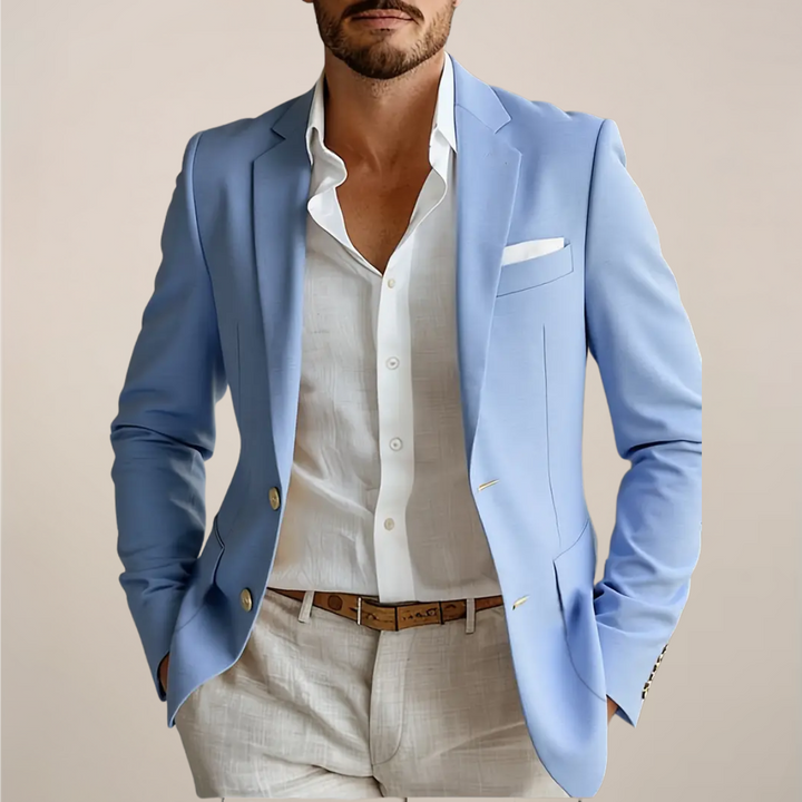 Stylish men's tailored suit in a modern fit, ideal for wedding guests or smart casual summer events. Two-piece set.