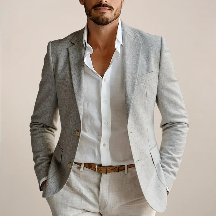 Sophisticated men's two-piece tailored suit featuring coverless pockets, versatile for formal or upscale casual wear.