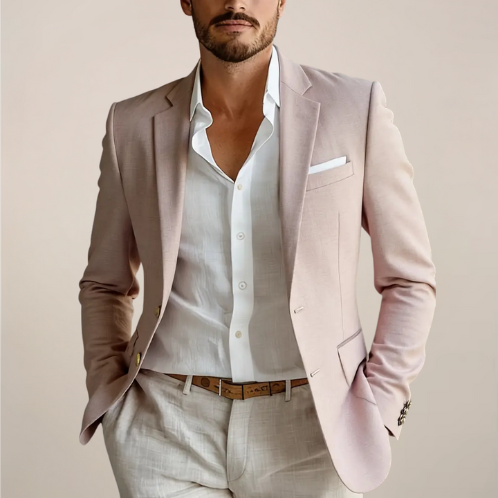 Elegant men's two-piece suit with sleek coverless pockets, suitable for spring, summer, formal, or casual events.