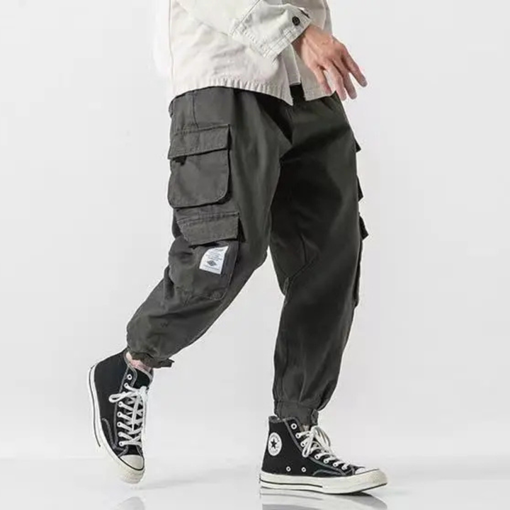Classic men's tapered fit cargo pants, cotton blend with elastic waist & ankle cuffs.