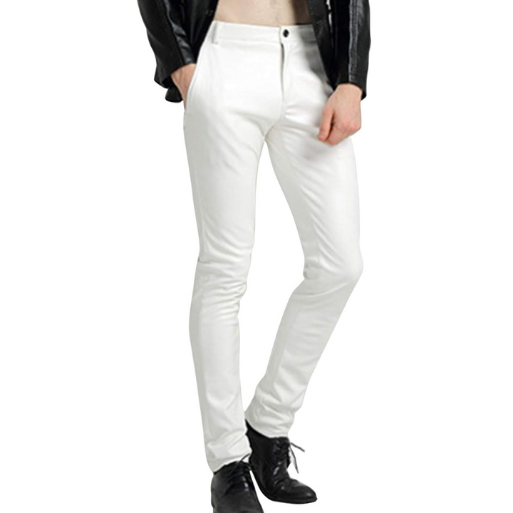 Red tapered faux leather biker pants for men. Sleek design, modern fit, ideal for casual & urban wear.
