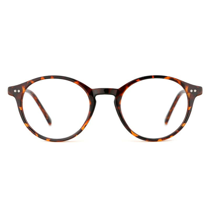 Close-up of Men's Tavero round blue light filtering glasses. Acetate frame detail, premium eye protection.