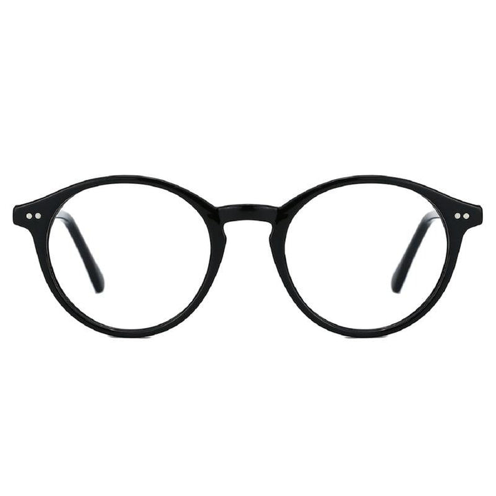 Tavero round blue light filtering glasses, black acetate frame. Enhances visual comfort for screen time.
