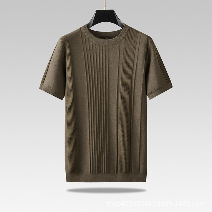 Close-up of a men's lightweight textured knit crewneck tee, showcasing its soft touch fabric.