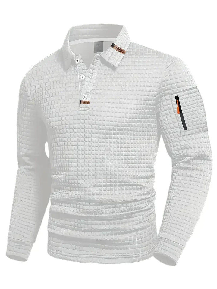 Versatile men's long sleeve textured polo with button placket for casual or smart-casual fashion.