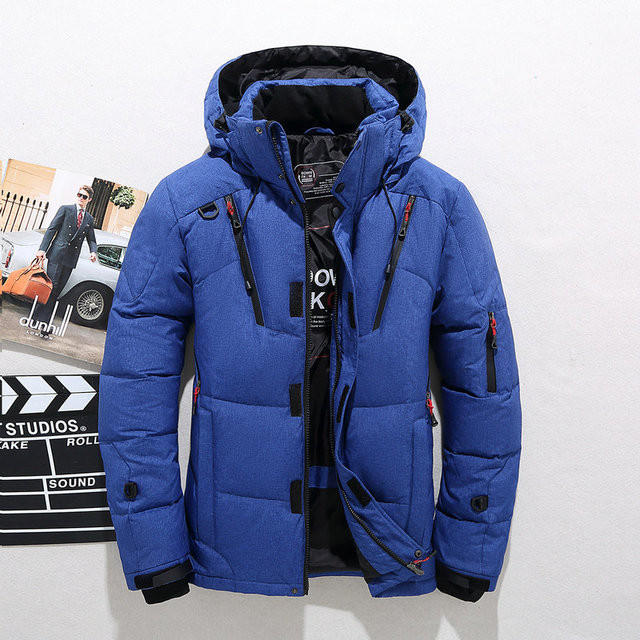 Men's thermal duck down winter jacket with removable hood, ideal for cold weather outerwear.
