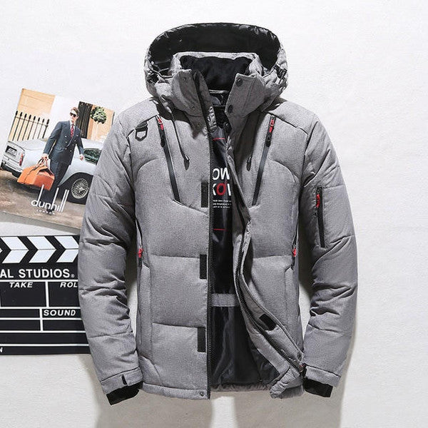 Warm men's duck down thermal jacket, black, for winter and cold weather, with zip-up design.