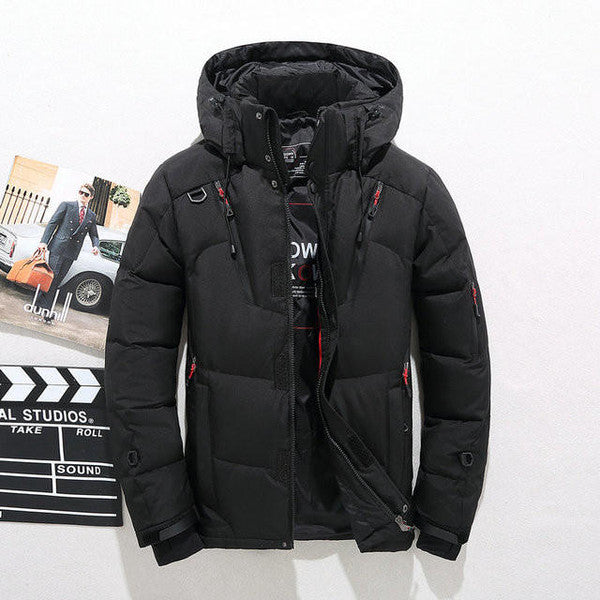 Insulated men's winter jacket featuring a removable hood, perfect for extreme cold and fall fashion.