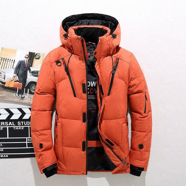 Stylish men's warm coat for winter, duck down thermal jacket with zip front and cozy hood.