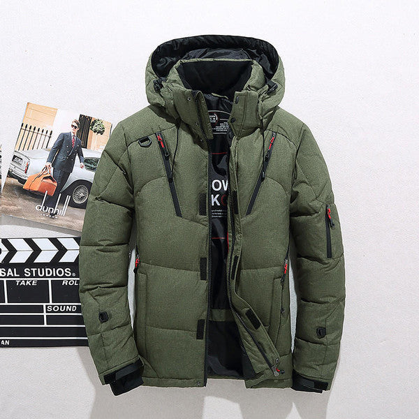 Classic men's black thermal winter jacket, duck down insulated, with a practical removable hood.