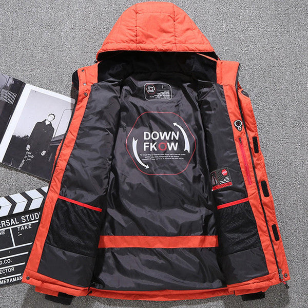 Durable men's outerwear: a warm thermal winter jacket with a removable hood, great for cold weather.