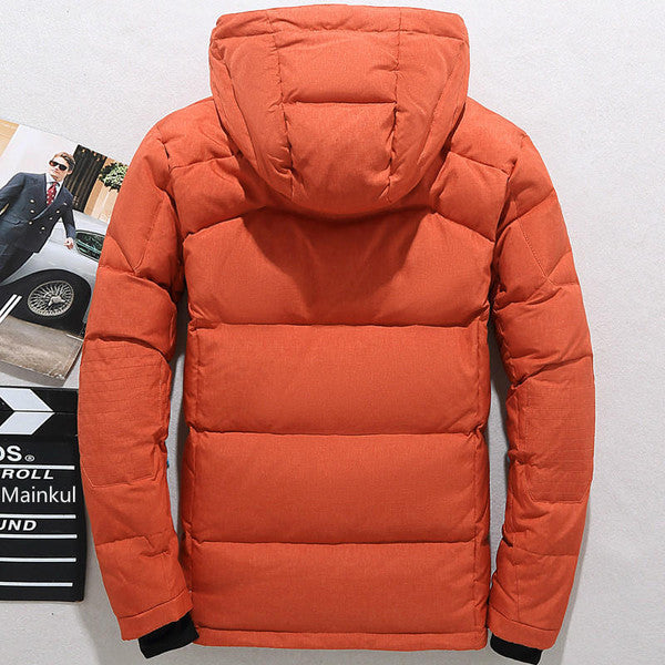 Cozy men's duck down thermal jacket with a removable hood, offering ultimate warmth for winter.