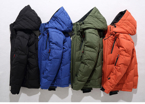 Men's heavy-duty thermal winter jacket, duck down filled, featuring a secure zip closure & removable hood.