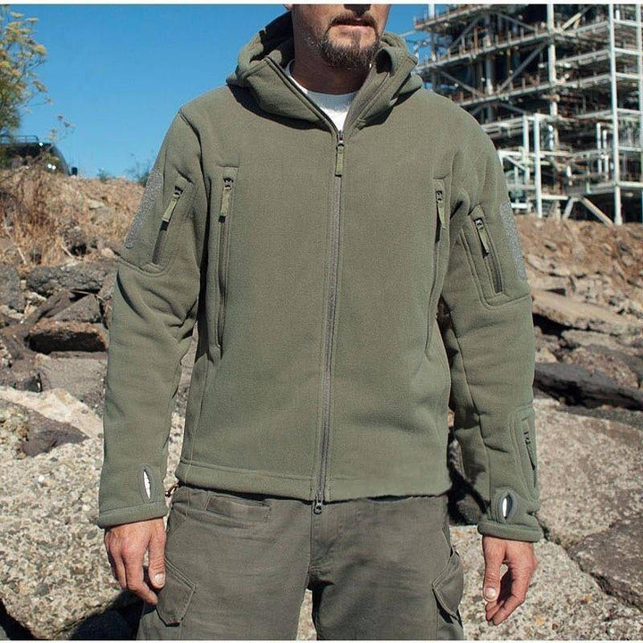 Men's thermal fleece outdoor tactical jacket, camo pattern, front view, ideal for hiking and camping adventures