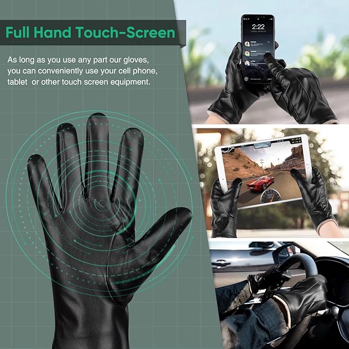 Stay warm with men's thermal faux leather touchscreen gloves, perfect for winter activities & tech use.