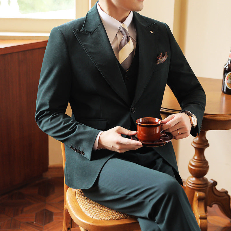 Camel tailored three-piece men's suit. Stylish formal attire for weddings, galas & upscale events.