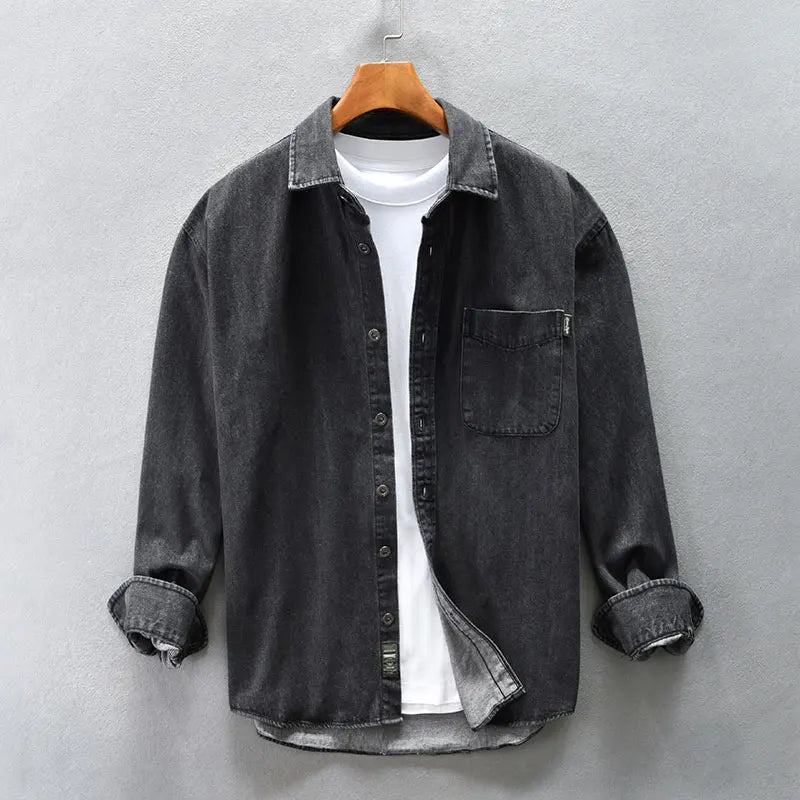 Gray men's long-sleeve button-up shirt. Timeless casual top for comfortable everyday style.