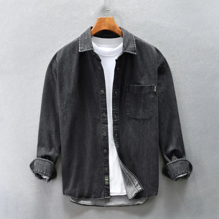 Gray men's long-sleeve button-up shirt. Timeless casual top for comfortable everyday style.