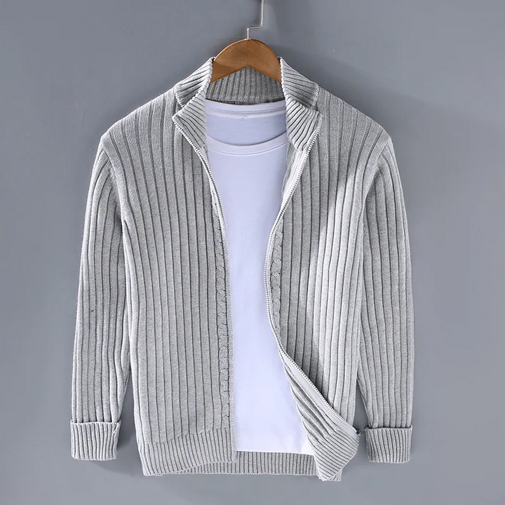 Men's timeless full-zip cardigan, a versatile layering piece for everyday comfort & smart-casual style.