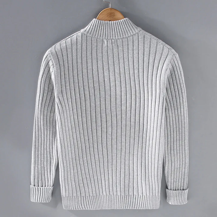 Close-up of men's full-zip cardigan knit texture. Quality zip sweater for stylish fall fashion & everyday wear.