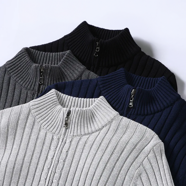 Stylish men's full-zip cardigan, a modern zip sweater & fall fashion essential. Perfect layering for smart casual.