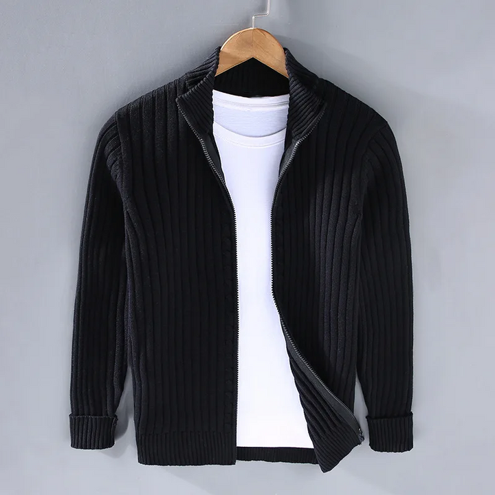 Back view of a men's full-zip cardigan, highlighting its versatile design for everyday comfort & fall/winter fashion.