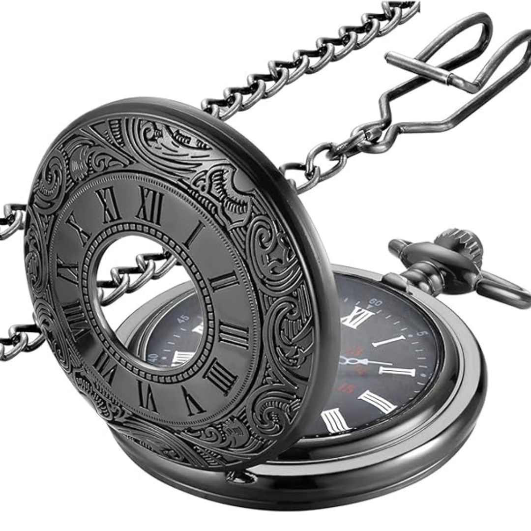 Men's timeless watch, vintage pocket style, reliable quartz movement, complete with chain.