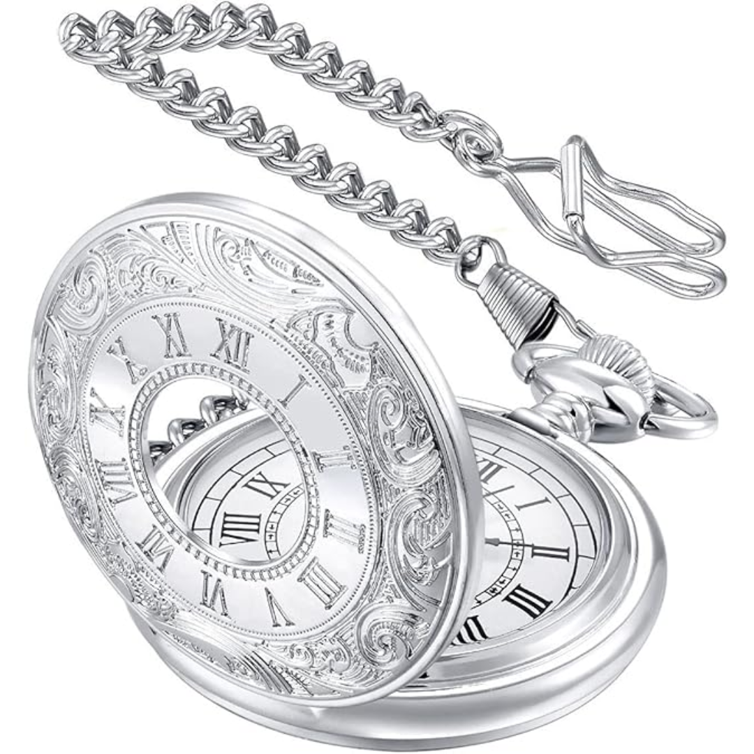 Antique-look men's pocket watch with quartz movement & matching chain, a retro gift.