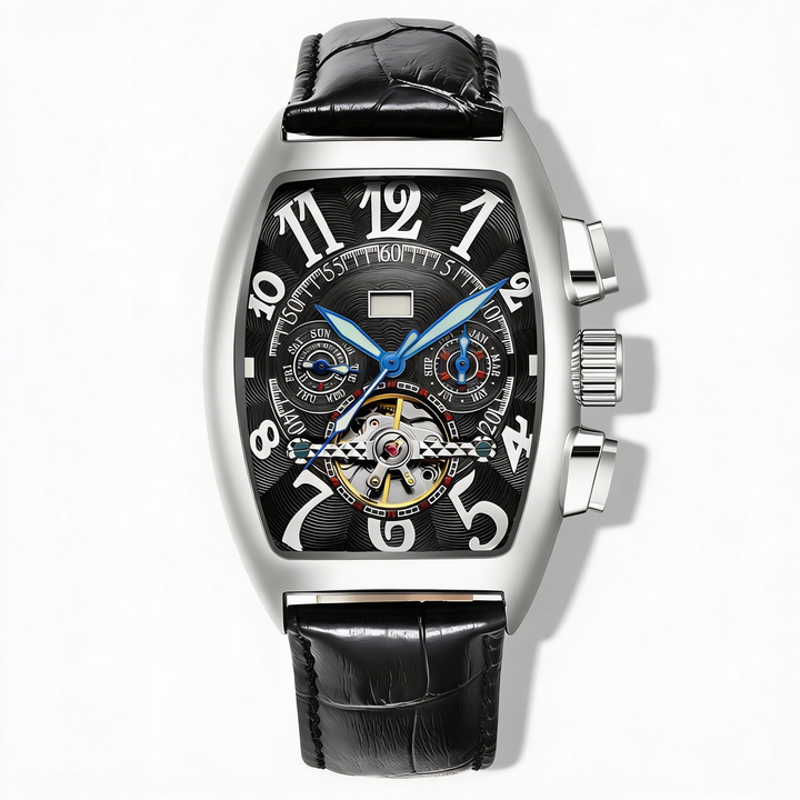 Unique Men's Tonneau Skeleton Watch. Stainless steel timepiece, a sophisticated accessory for men.