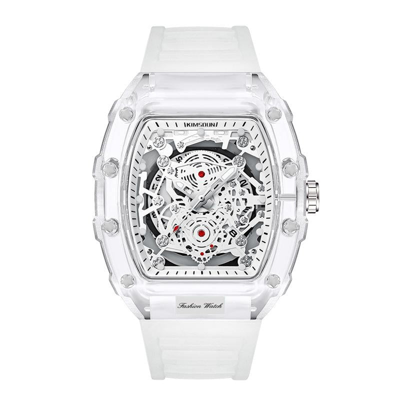 Men's transparent mechanical watch with visible intricate gears & movement, a unique sophisticated timepiece.