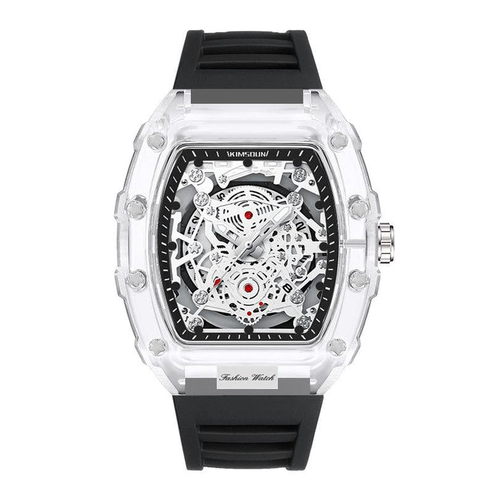 Stylish men's mechanical watch featuring a transparent case, showcasing intricate gears. Modern and eye-catching.