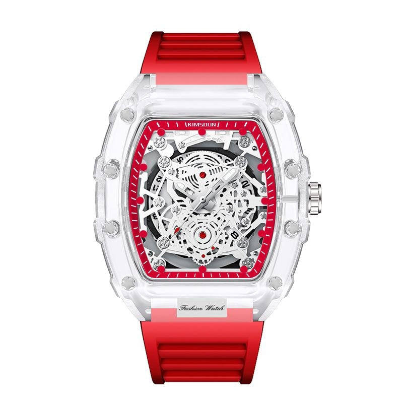 Durable men's waterproof mechanical watch with clear transparent case, revealing internal gears. Shock resistant design.