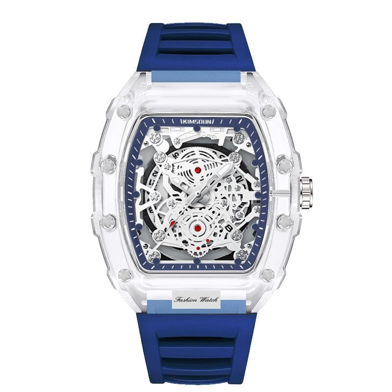 Unique men's transparent mechanical watch, showcasing exposed gears. An ideal gift for watch enthusiasts, durable & stylish.