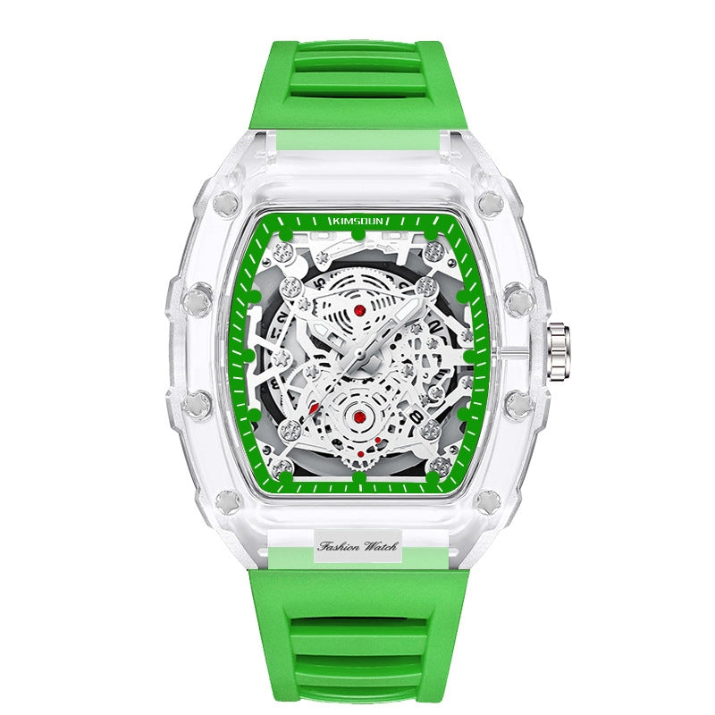 Elegant men's transparent mechanical watch with exposed gears and a sleek design, perfect for a sophisticated look.