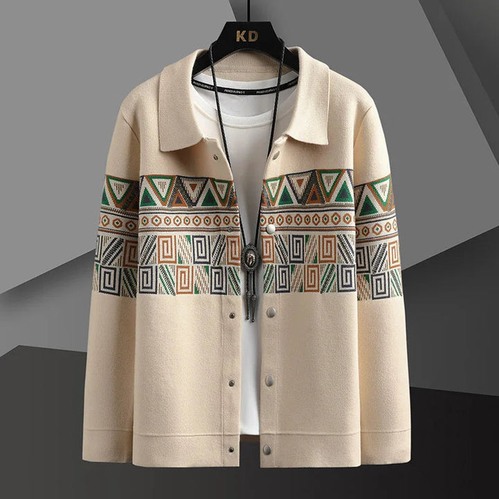 Men's tribal knit cardigan jacket featuring a unique Aztec pattern, perfect for fall fashion and layering.