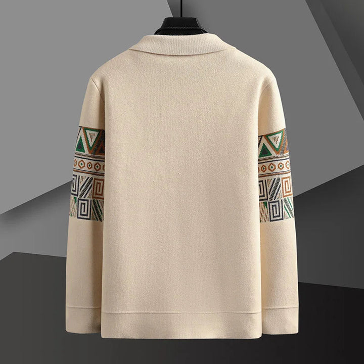 Comfortable men's knit tribal cardigan with an Aztec pattern, button-up, ideal for casual winter wear.