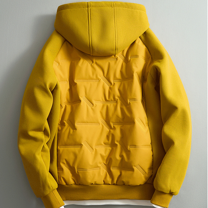 Zip-up men's hooded puffer jacket, insulated & warm. Essential winter fashion, comfortable outerwear for cold weather.