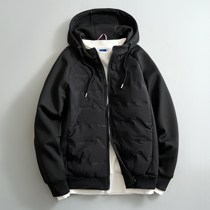 Warm men's ultimate puffer hoodie with hood, insulated for winter. Stylish & comfortable, a must-have zip-up outerwear.