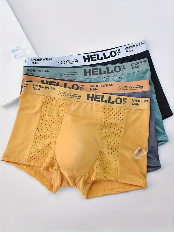 Close-up of ultra-breathable mesh fabric on men's boxer briefs, showcasing quick-dry & sweat-wicking.