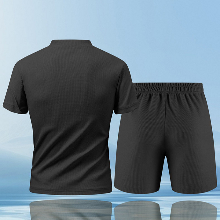 Full view of men's Piqué Ultra-Comfort lounge set, showing the stretchy, breathable two-piece design.