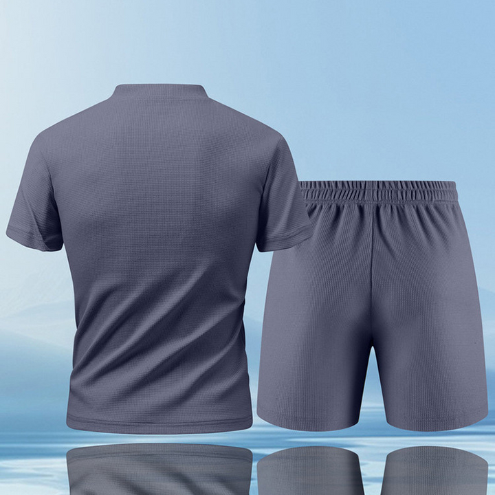 Men's Ultra-Comfort Piqué Loungewear Set, featuring a quarter-zip top & drawstring shorts. Relaxed fit.