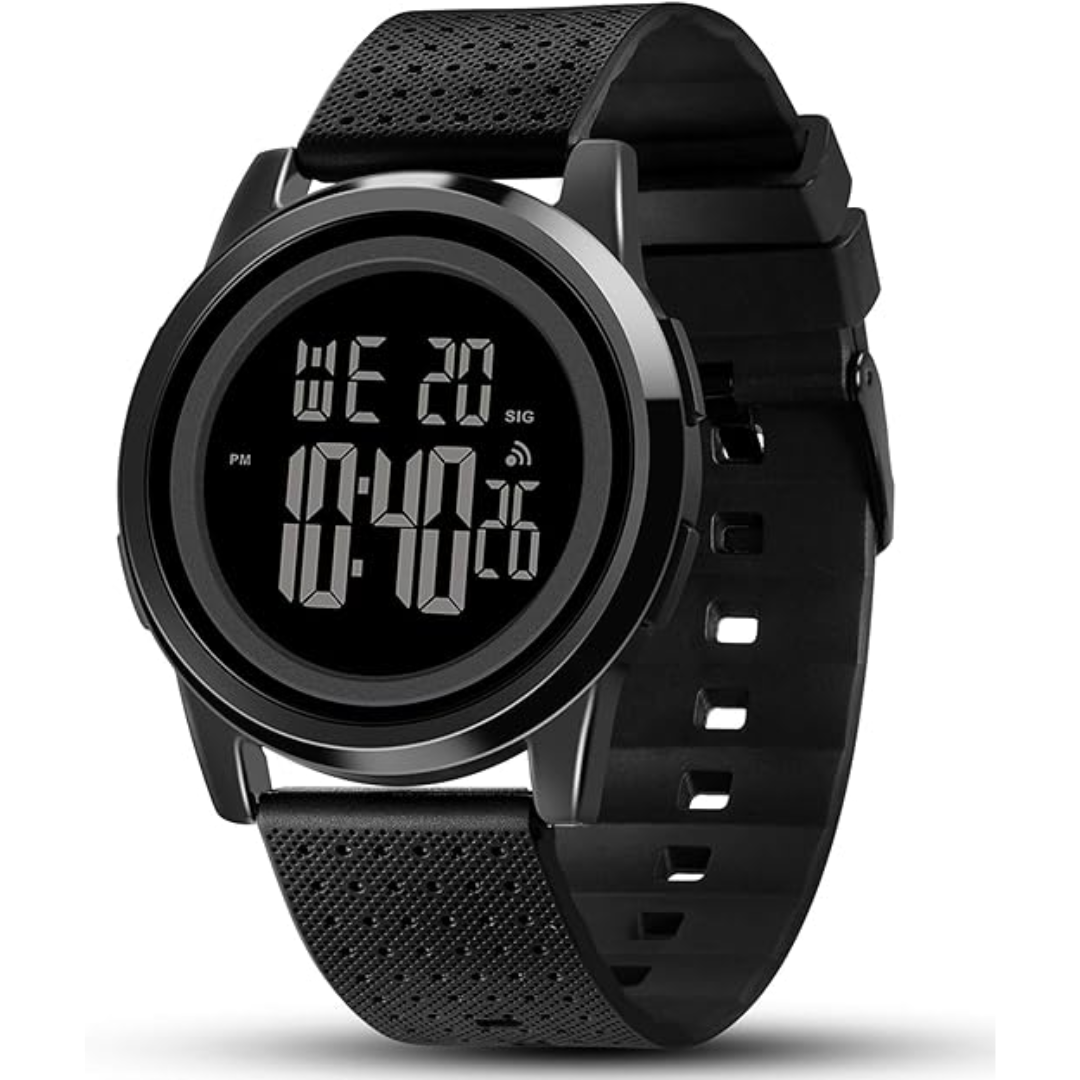 Lightweight men's digital sports watch with durable band, comfortable for all-day wear.