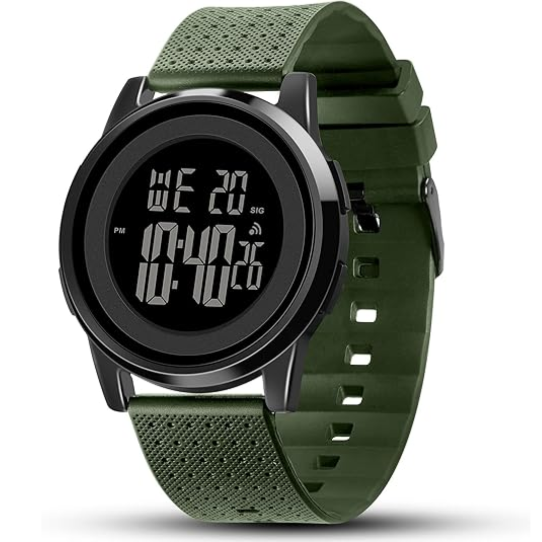 Water-resistant men's digital sports watch with chronograph function for tracking workouts.