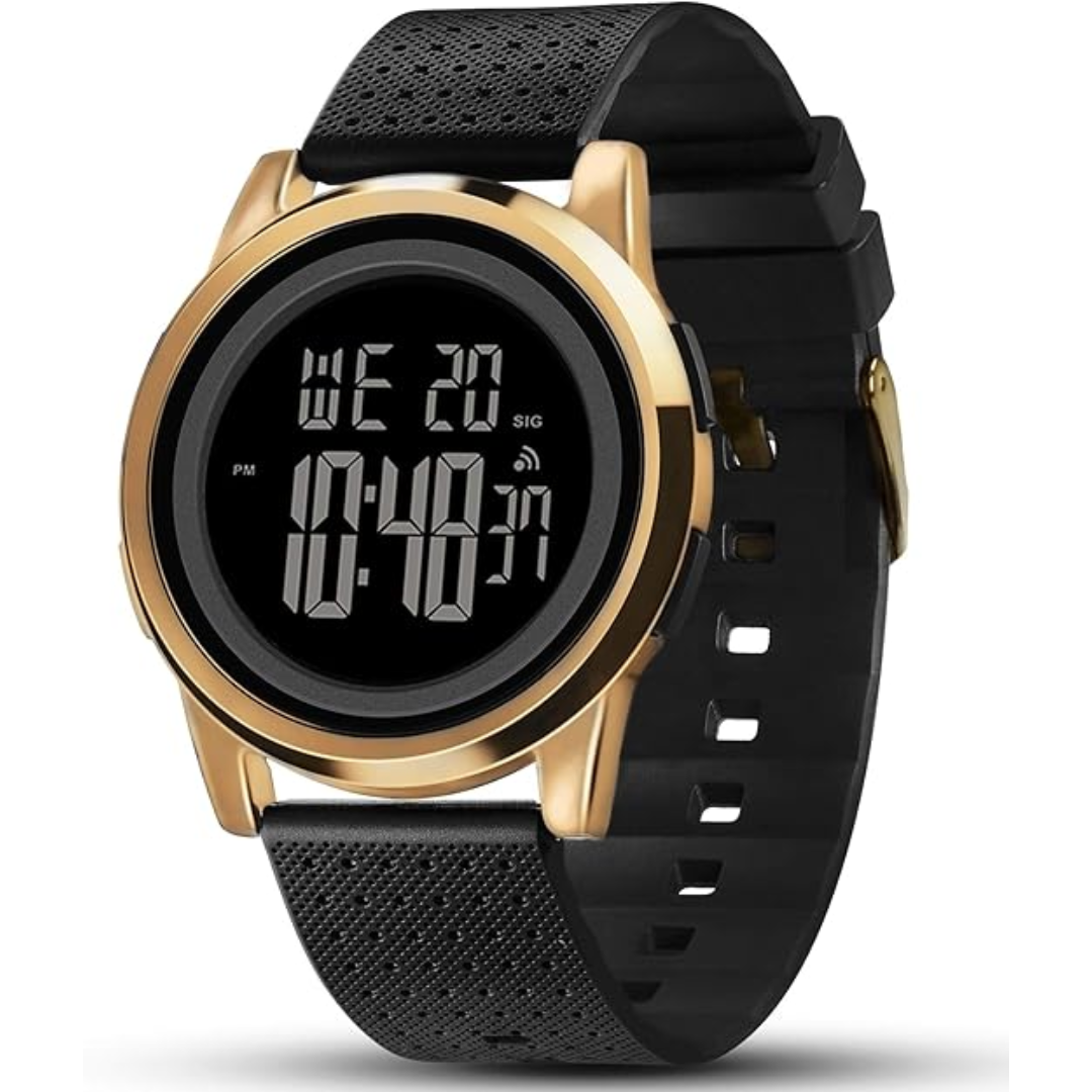 Man wearing ultra-slim black digital sports watch while running, showing active use.