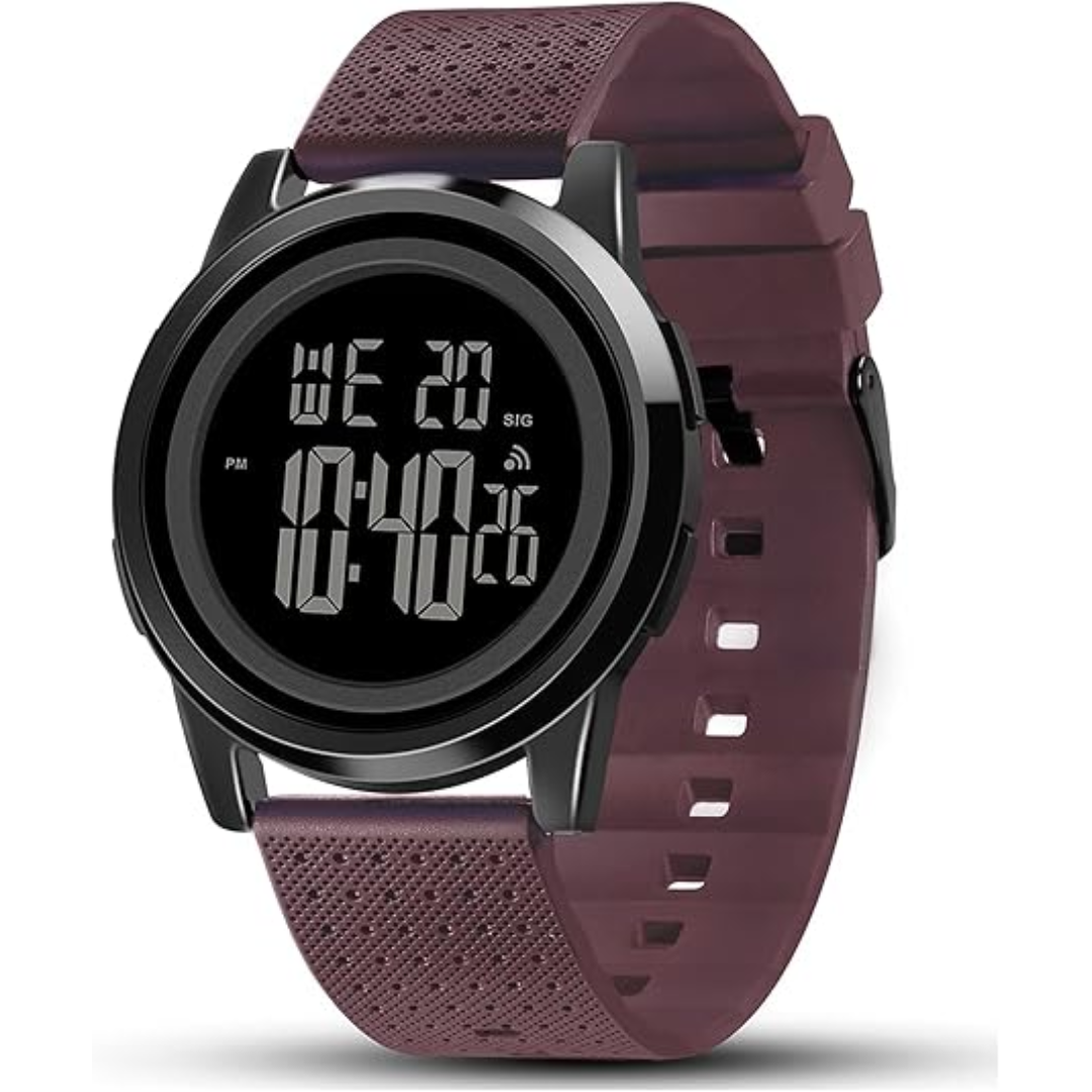 Close-up of men's digital sports watch display, highlighting time and chronograph features.