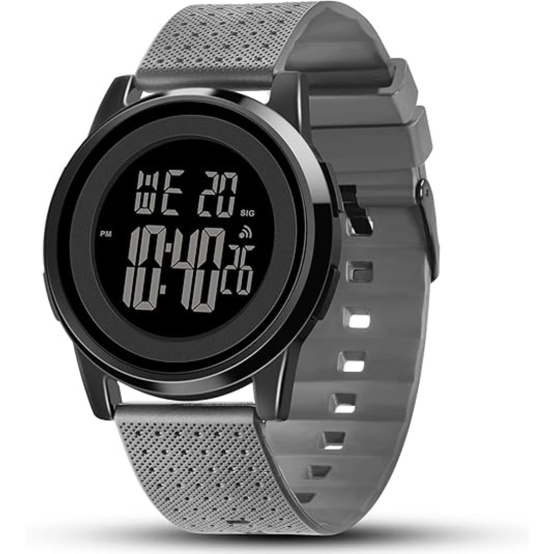 Side profile of ultra-slim men's digital sports watch, showcasing its thin design.
